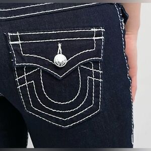 True Religion Curvy Skinny Low Rise Dark Wash Jeans With Contrast Stitching
